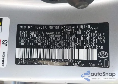 2012 Toyota Corolla Le from USA, damaged, VIN 2T1BU4EE2CC906234